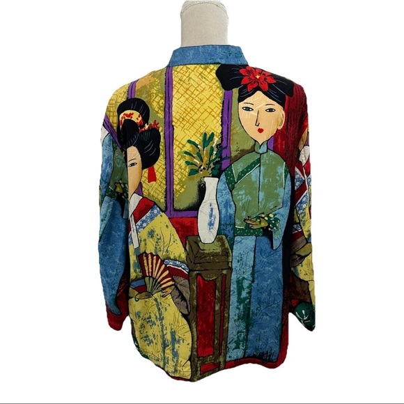 Chico’s Design Shirt 100% Silk Oriental Geisha Button Up Blouse Size Large Art - Picture 3 of 7